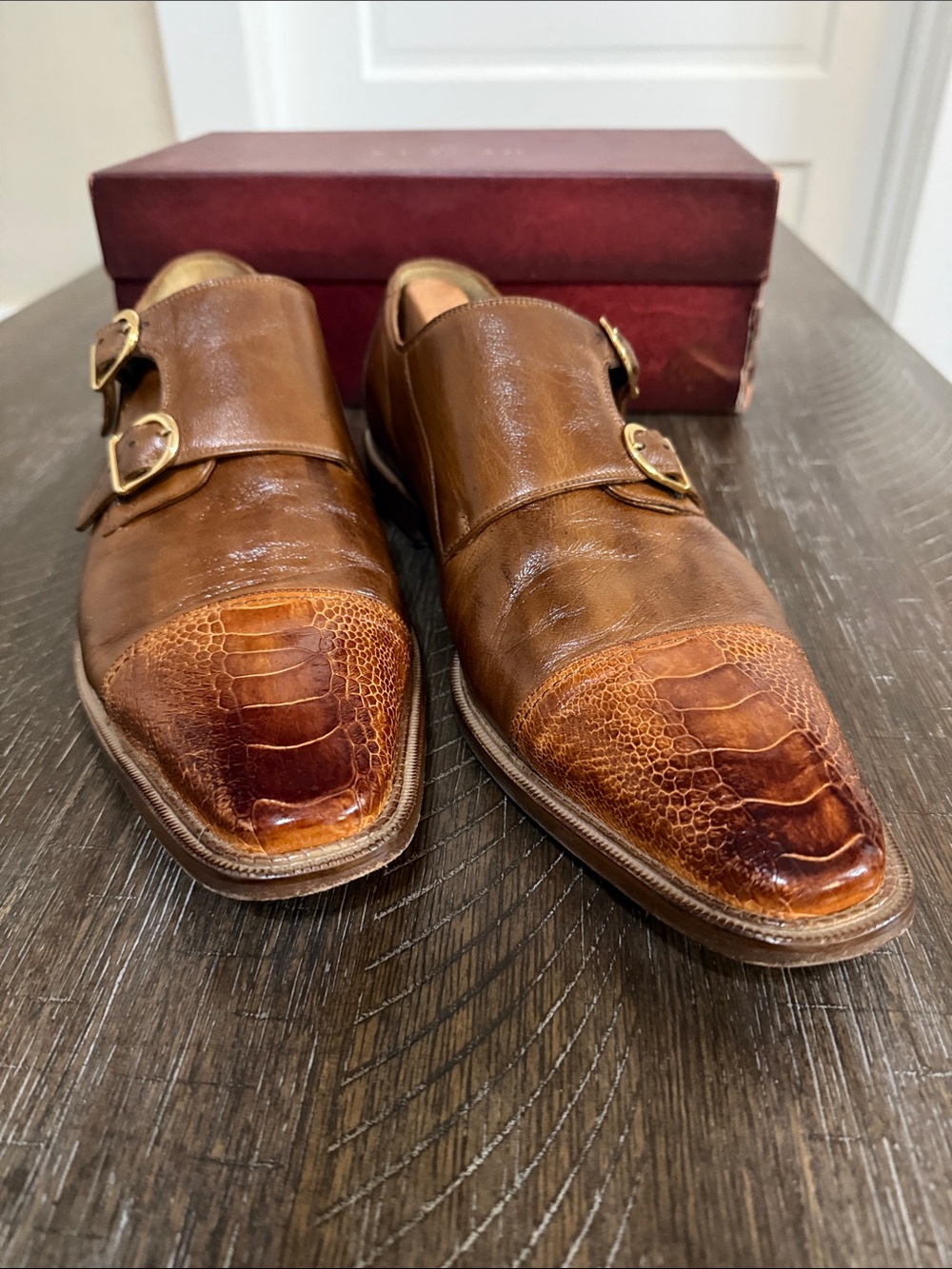 Belvedere Amico Captoe Ostrich Calfskin Brown Double Monk Strap Leather Oxfords